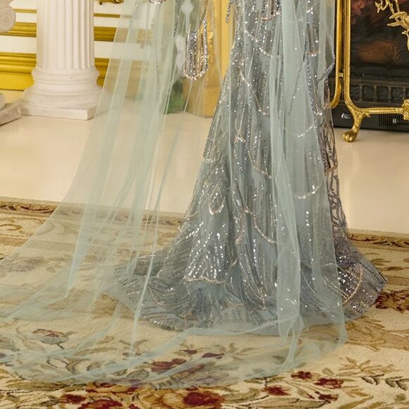 New Beads Embellished Mother Of Bride Gown w/ Mesh Cape & V-Neckline GL3834 - Picture 14 of 14